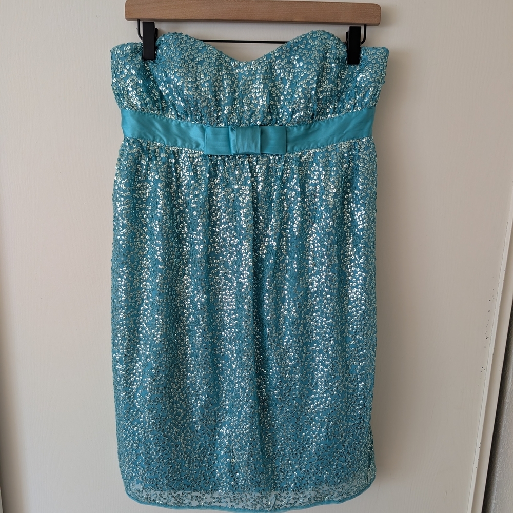 Vtg 90s Y2K Betsey Johnson Womens 6 Strapless Sequin Turquoise Mini Dress Party